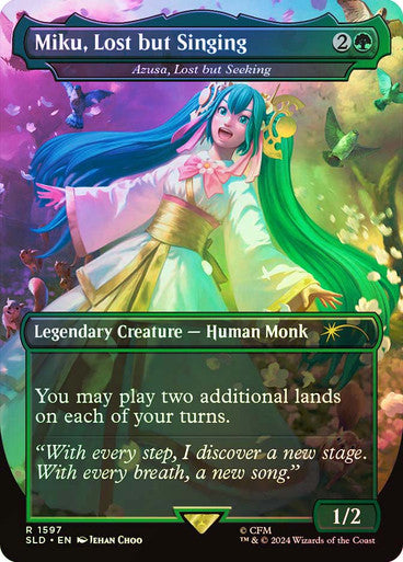 PROXY DUBAI-Azusa, Lost but Seeking (Miku, Lost but Singing) (Hatsune Miku) (#1597) Secret Lair Drop Foil Borderless English Magic: The Gathering
